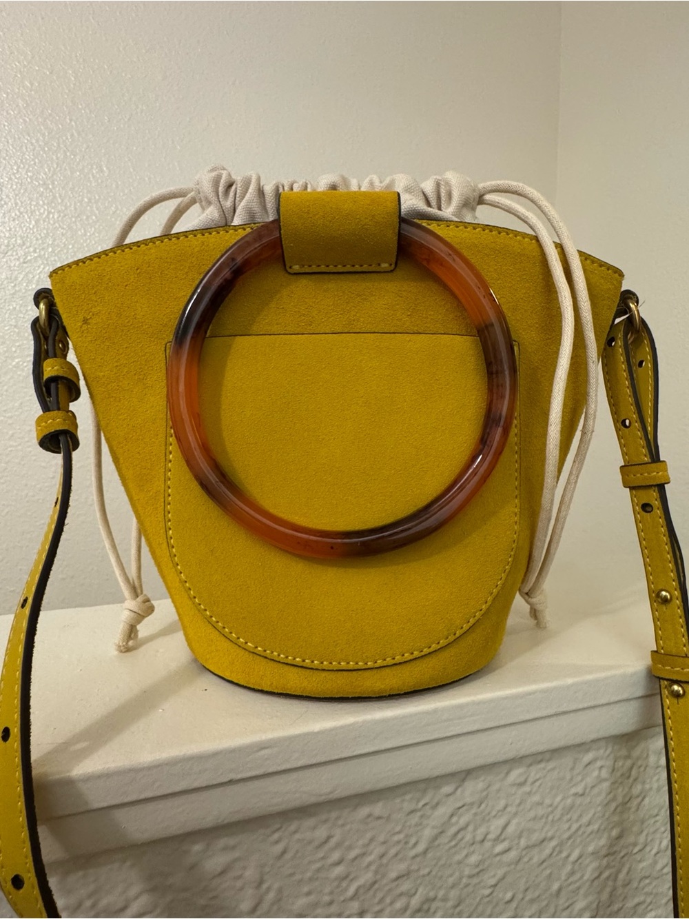 Banana Republic Mustard Suede Mini Bucket Bag Tortoise Handle